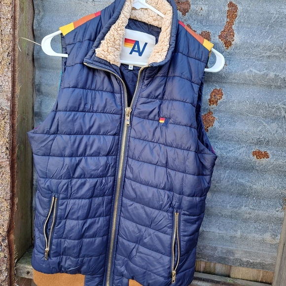 Aviator Nation Navy Puffer Jacket with Rainbow Logo and Sherpa Collar - Picture 2 of 5